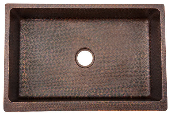 30" Hammered Copper Kitchen Apron Single Basin Sink With Barrel Strap Design