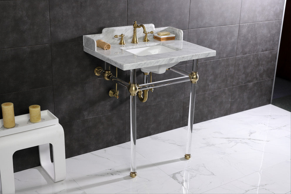 Kingston Brass LMS30MASQ7 30" Carrara Marble Console Sink, Acrylic Legs