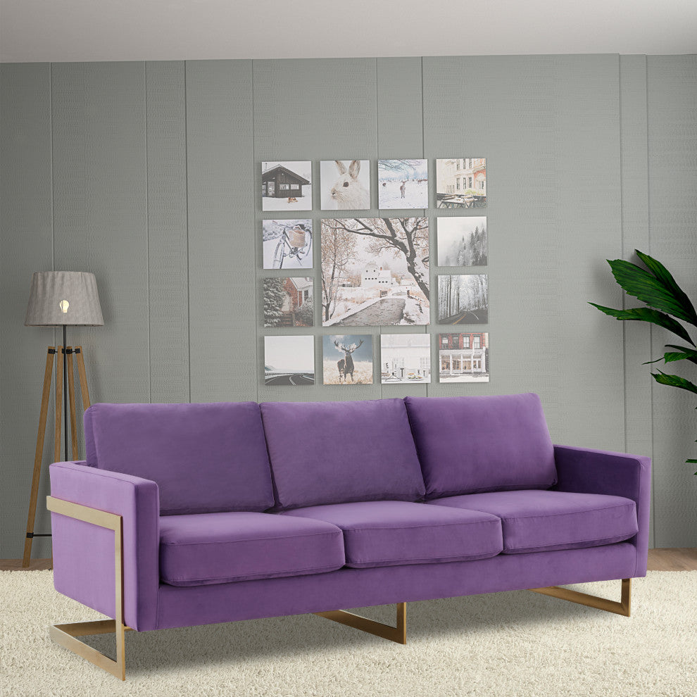 LeisureMod Lincoln Modern Velvet Sofa With Gold Frame, Purple