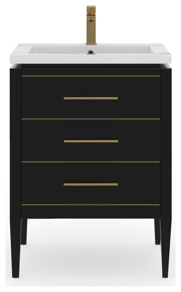 Celios Bathroom Vanity, Black with Brass Trim, 24", Single Sink, Freestanding