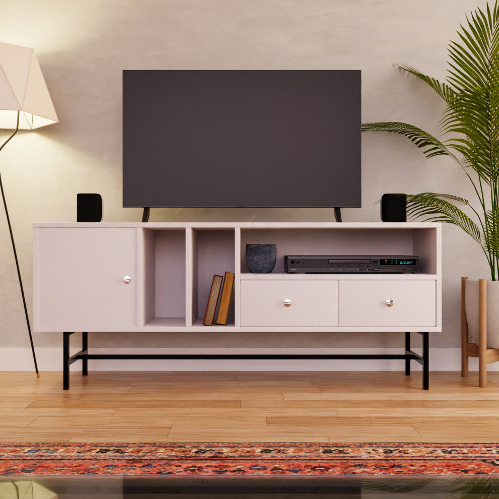 Rochester 2-Drawer 4-Shelf TV Stand Credenza with Iron Legs, White