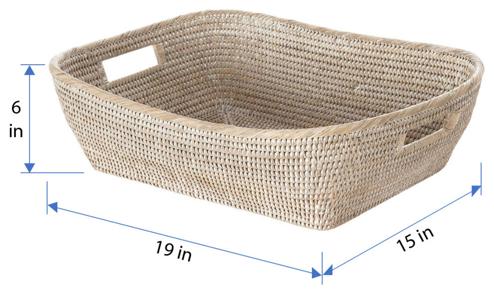 La Jolla  Handwoven Oblong Rattan Storage and Shelf Basket, White-Wash