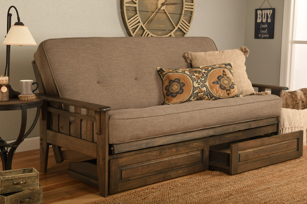 Sonora Frame, Rustic Walnut Finish, Storage Drawers and Mattress, Linen Stone