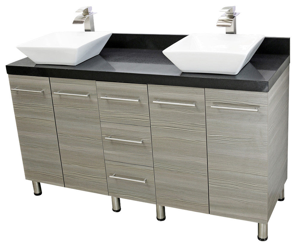 Windbay 60" Free Standing Double Vanity, Taupe Grey, Black Stone Thick Counterto