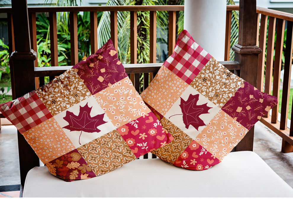 Printed Quilt Leaves Indoor/Outdoor Throw Pillow, Fuschia, 18"x18"