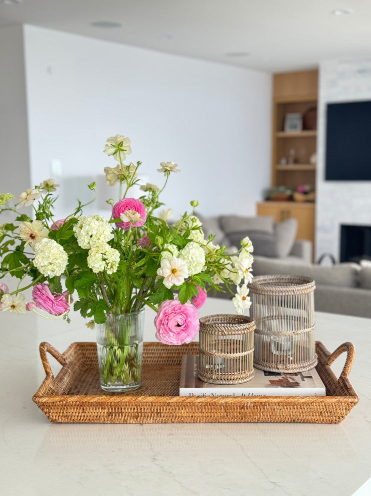 Rattan Decorative Serving Breakfast Tray, Ear Handles, Ottoman Tray, Honey-Brown
