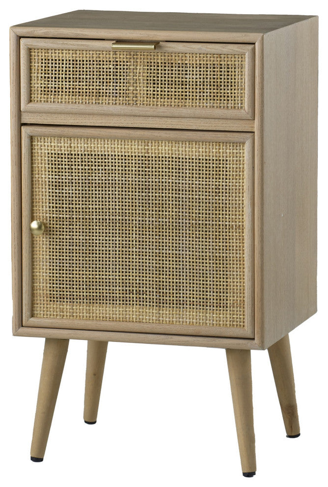 Benzara BM285208 Accent Cabinet, 1 Drawer, Pine, Woven Rattan Design, Natural