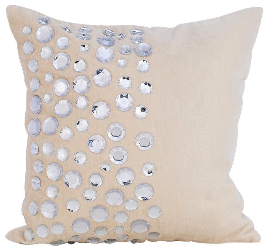 Ecru Ivory Western Throw Pillow Crystal 20"x20" Velvet Dotted, Crystal Moonstone
