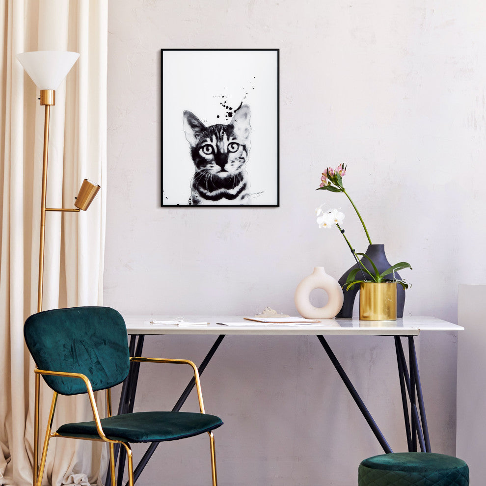 "Bengal Cat" Black and White Pet Paintings on Printed Glass with Anodized Frame