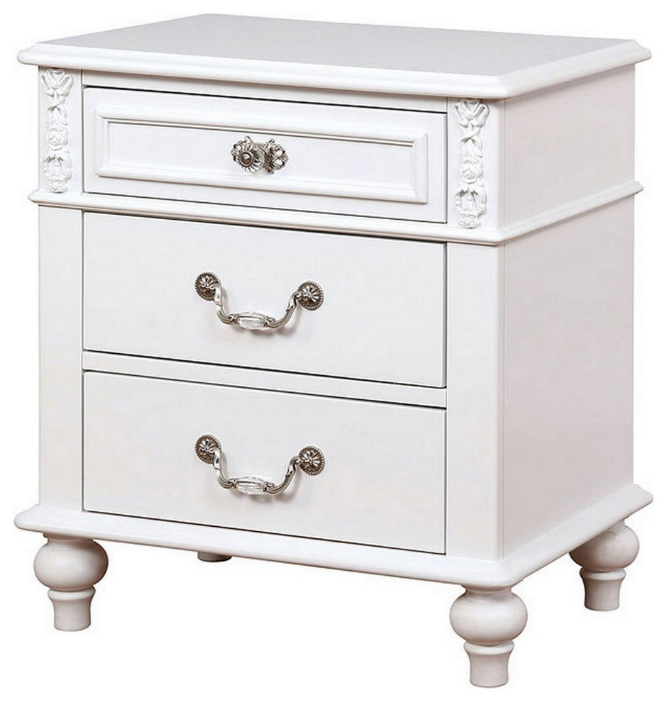 Benzara BM241909 Nightstand With 3 Drawers and Built In USB Port, White