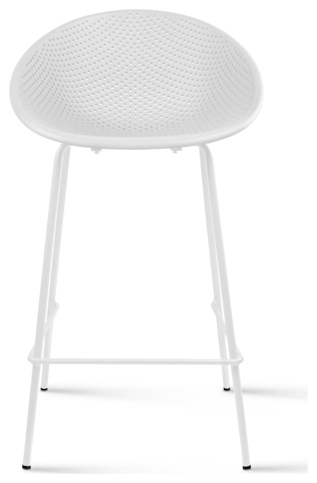 Set of 2 Modern Counter Stools with Perforated Low Back and Metal Frame, 25.5", White