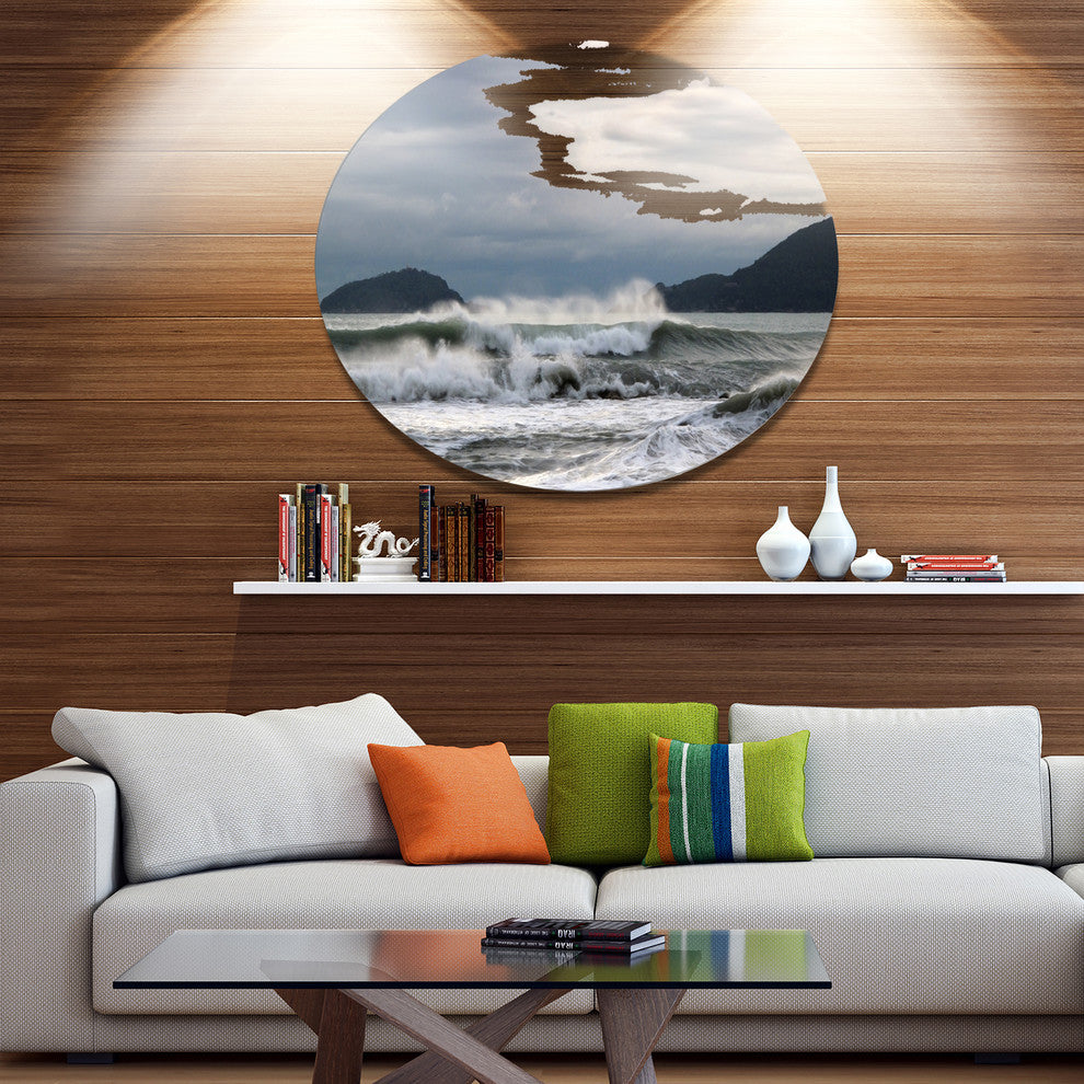Waves In Lerici Beach Italy, Seashore Large Disc Metal Wall Art, 23"