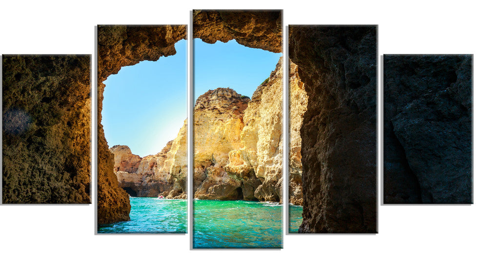 "Sea Through Rocky Cave Portugal" Seashore Wall Art, 60"x32", 5-Panels