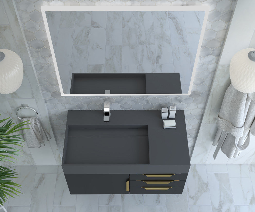 CastelloUSA Amazon 36" Wall Mount Vanity Set, Black, Gray Top, Gold Handles