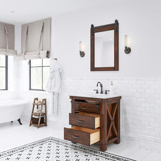 Aberdeen Carrara Marble Countertop Vanity in Rustic Sierra with Barn Mirror