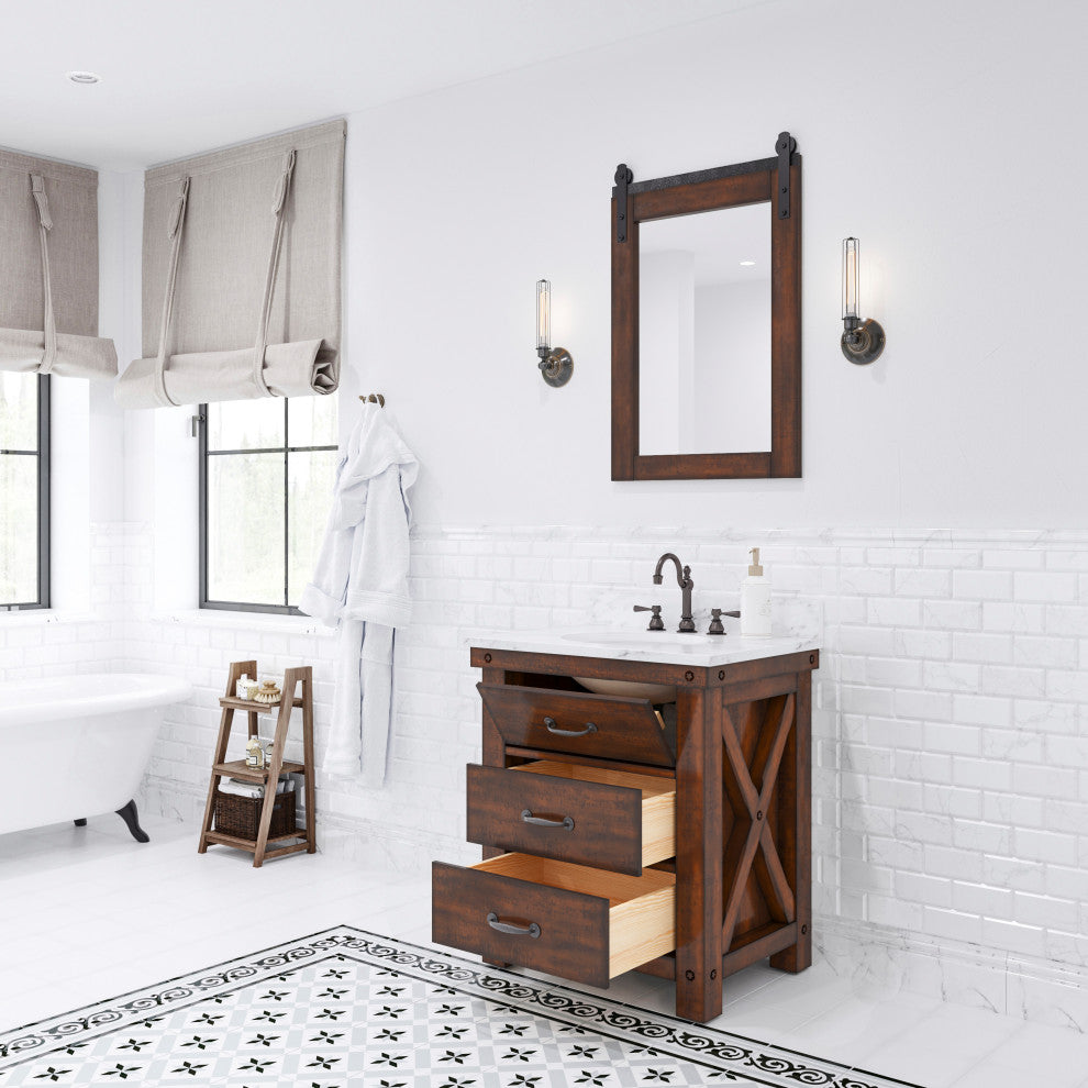 Aberdeen Carrara Marble Countertop Vanity in Rustic Sierra with Barn Mirror