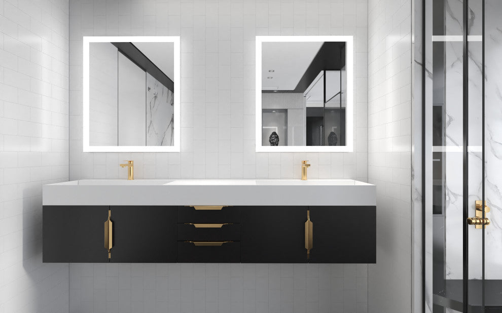 CastelloUSA Amazon 84" Wall Mounted Vanity Set, Black, White Top, Gold Handles