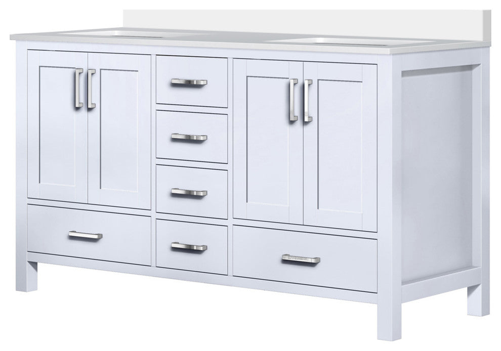 Jacques 60" White Double Sink Vanity with Quartz Top, No Mirror