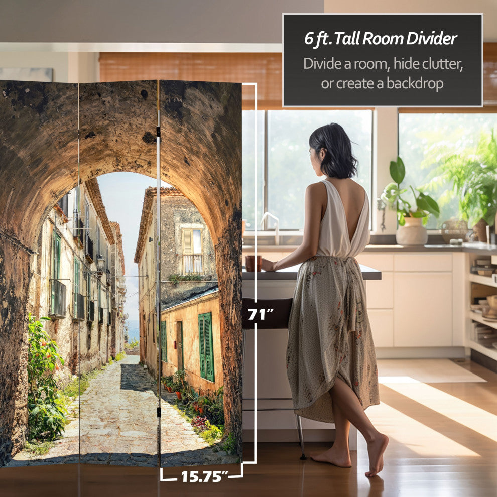 6' Tall Double Sided European Village Canvas Room Divider