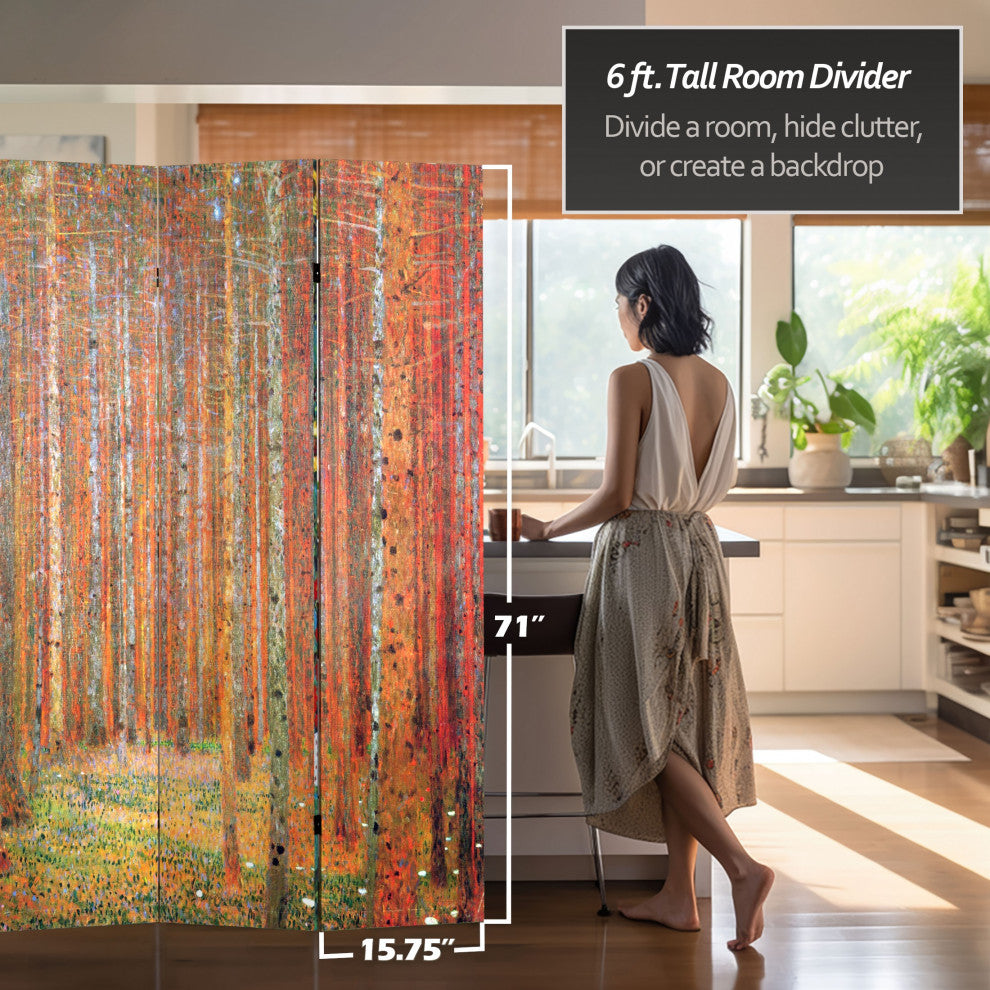6' Tall Double Sided Works of Klimt Room Divider, Tannenwald/Farm Garden