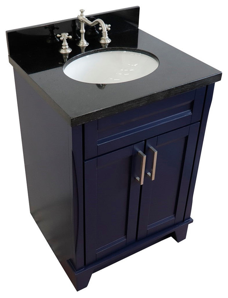 25" Single Sink Vanity, Blue Finish With Black Galaxy Granite And Oval Sink