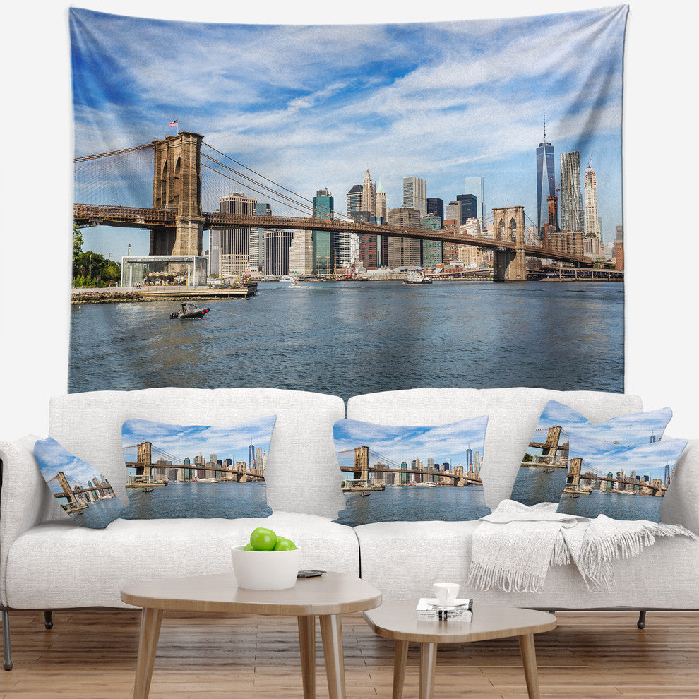 Summer Day Brooklyn Bridge Cityscape Wall Tapestry, 39"x32"