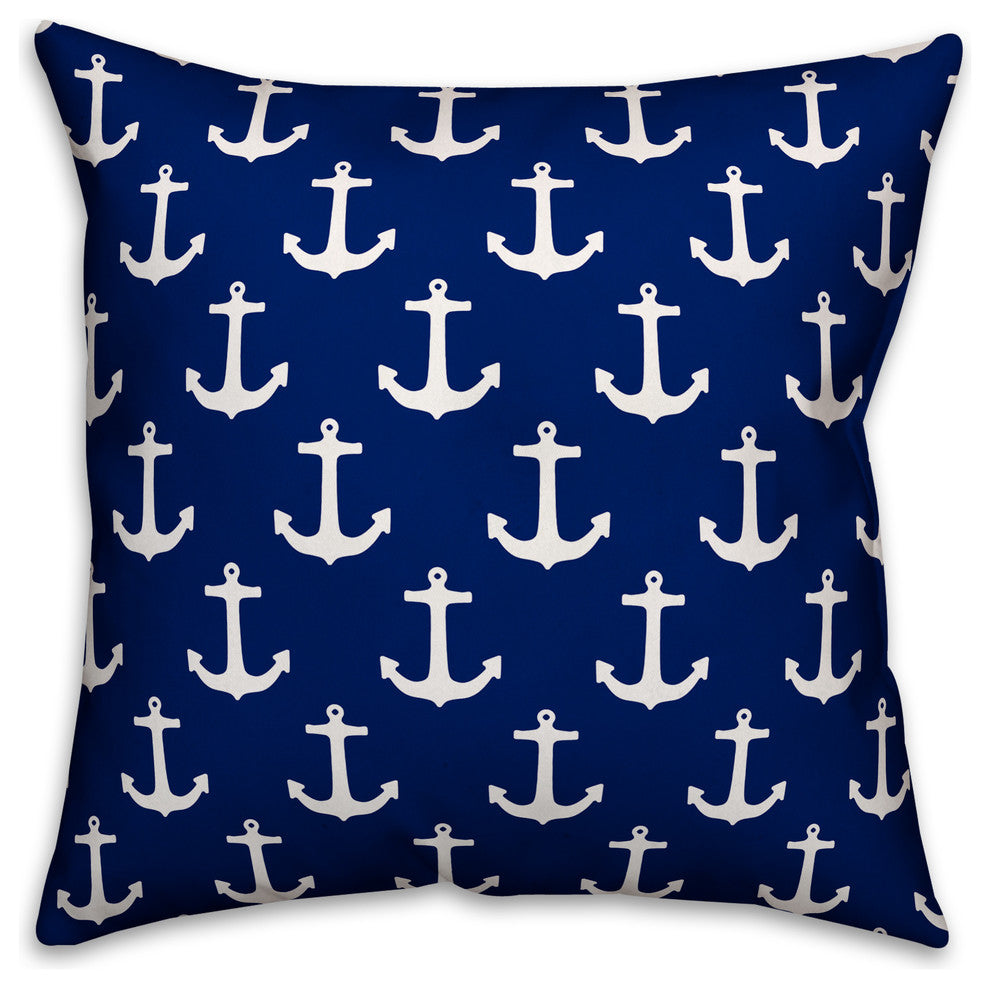 Blue and White Anchor Pattern Outdoor Throw Pillow, 18x18