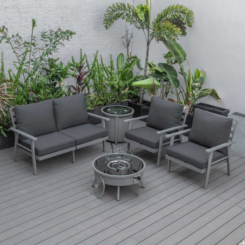LeisureMod Walbrooke Grey Patio Sofa Set With Round Fire Pit Table, Charcoal