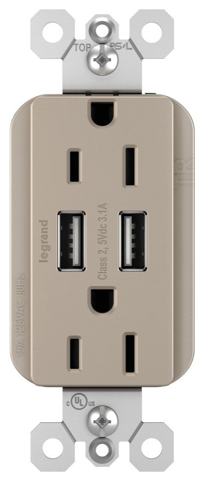 USB Chargers With Duplex 15A Tamper-Resistant Outlets, Nickel