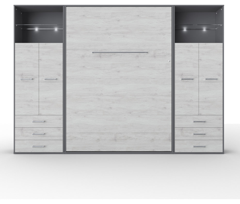 Contempo Vertical Wall Bed, Queen Size with 2 cabinets, Grey/White Monaco