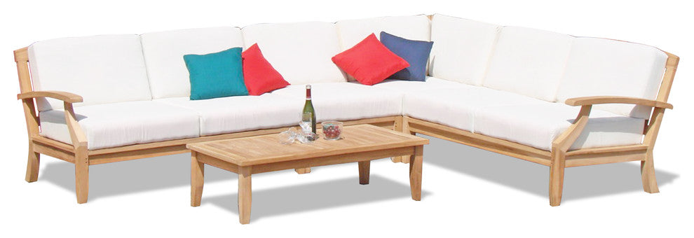 5-Piece Sam Outdoor Teak Sectional Sofa Set & Sunbrella Cushions Freq Parchment
