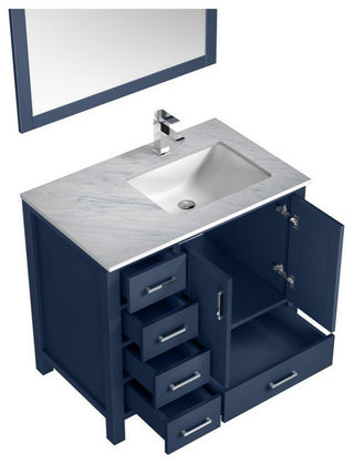 Jacques 36" Navy Blue Single Vanity Set, Carrara Marble Top - Right Version
