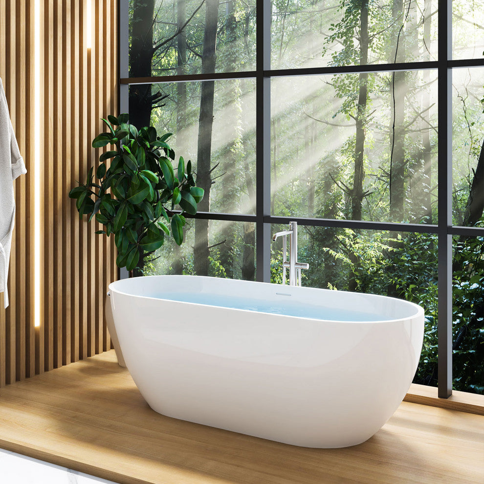 62" Acrylic Freestanding Soaking Bathtub, White, Overflow and Drain