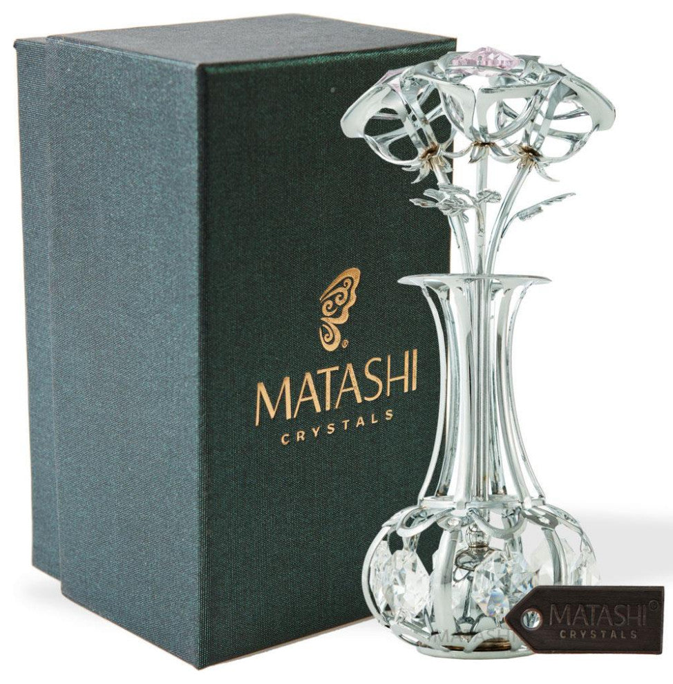 Chrome Plated Silver Flowers Bouquet and Vase With Pink and Clear Crystals