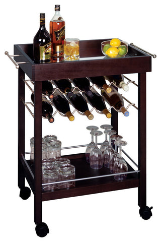 Full product shot on solid white background; shows wine rack and top/bottom shelves for the bar cart.
