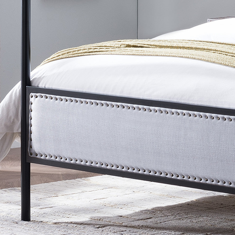 Asa Queen Size Iron Canopy Bed With Upholstered Studded Headboard, Gray, Flat Bl