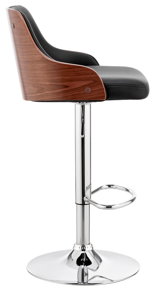 Asher Adjustable Faux Leather and Metal Bar Stool, Black and Chrome