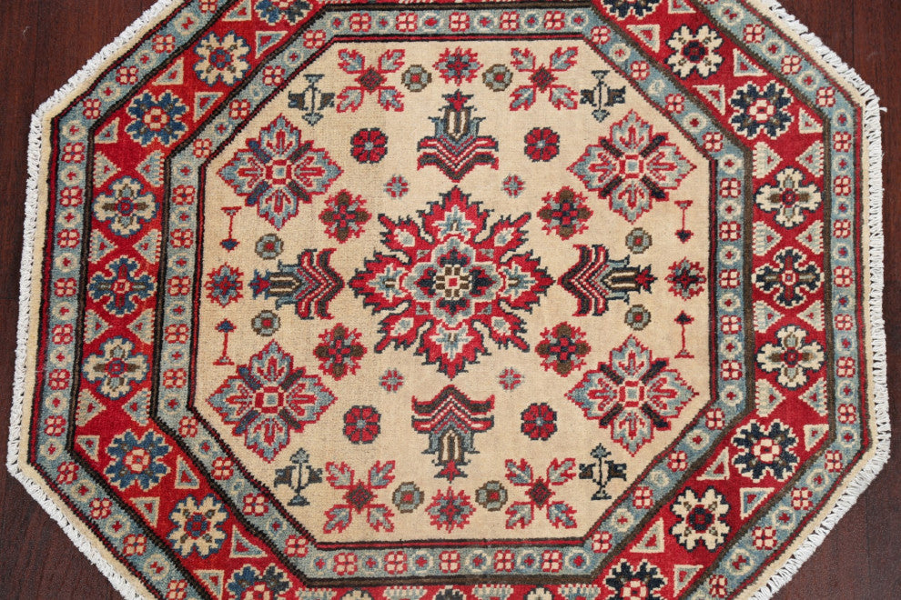Kazak Oriental Pakistani Traditional Hand Made Area Rug, Beige, 3'3"x3'4