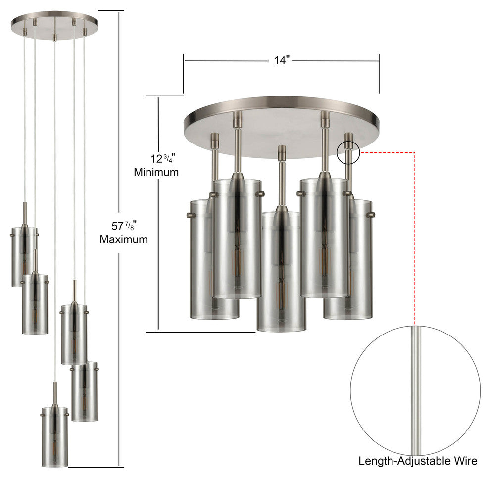 Effimero 5-Light Cluster Pendant With Polished Smoke Glass, Brushed Nickel