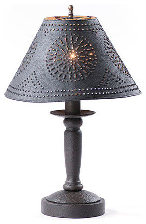 Handcrafted Wood Butchers Table Lamp With Punched Tin Shade, Black