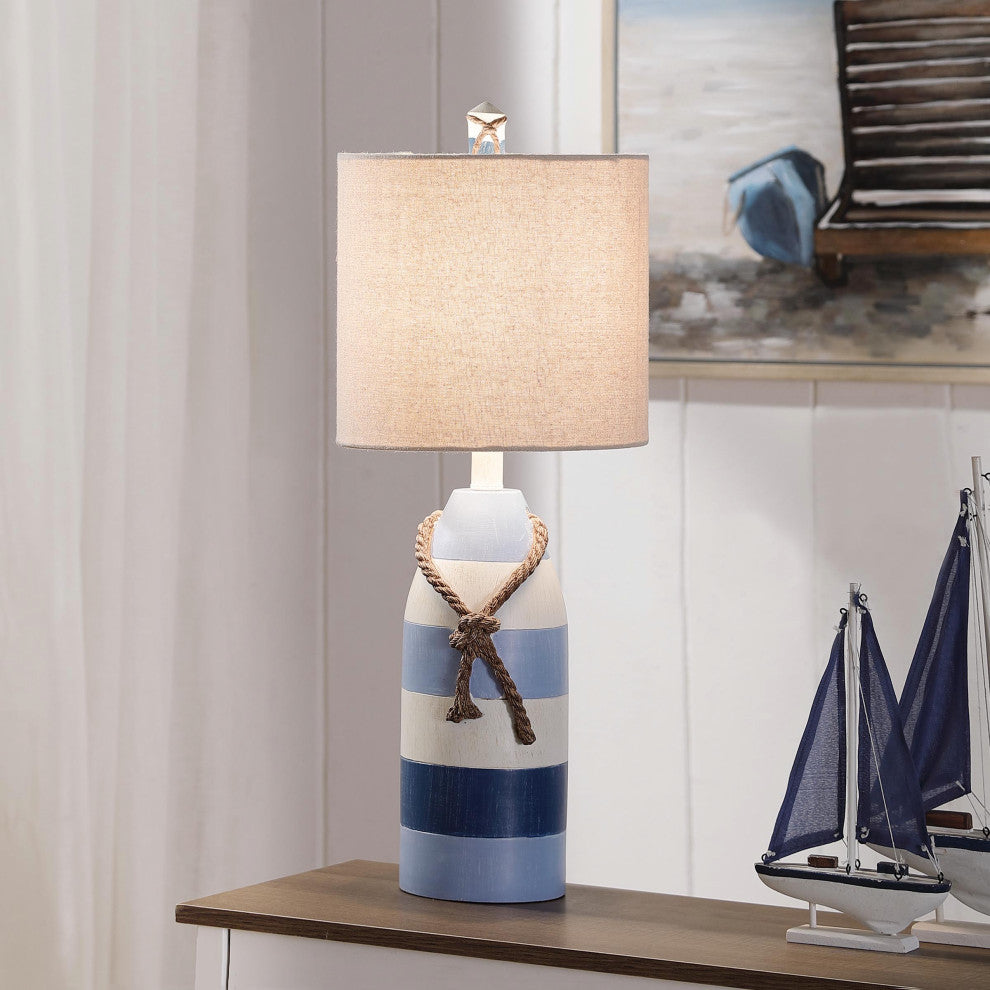 Nautical Rope Table Lamp, Blue Stripe Finish, Oatmeal Hardback Fabric Shade
