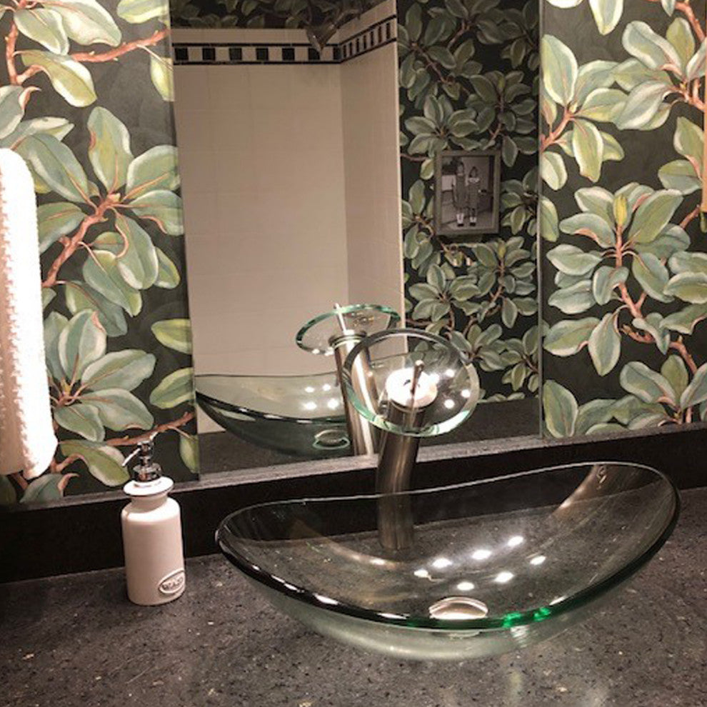 Chiaro Clear Oval Tempered Slipper Glass Vessel Bath Sink and Drain, Brushed Nickel