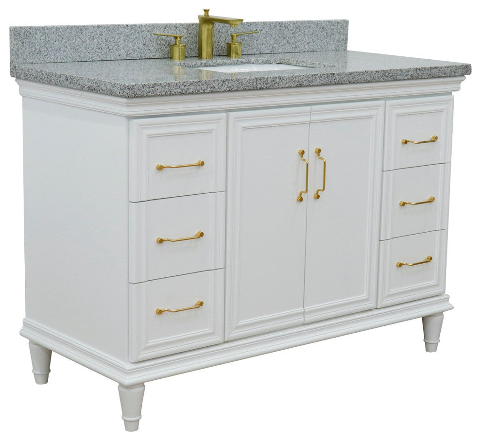 49" Single Sink Vanity, White Finish With Gray Granite and Rectangle Sink