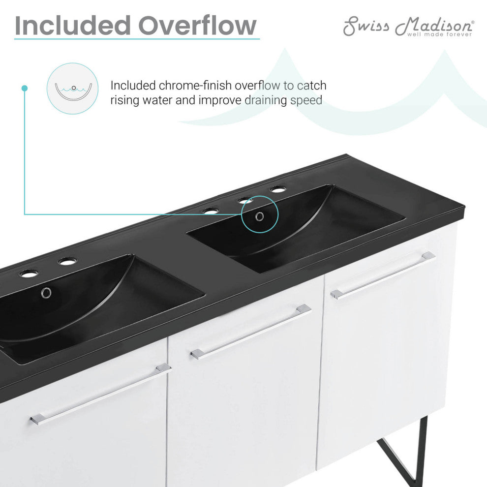Annecy 60" White, Double Basin Bathroom Vanity With Black, 3-Hole Sink Top