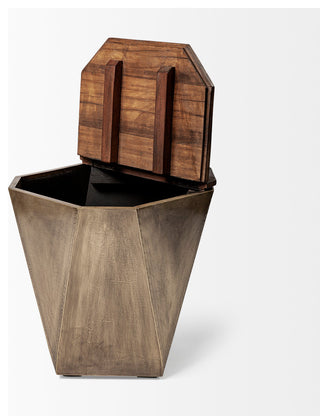 Esagono Octagonal Gold Metal-Clad Reclaimed Wood End/Side Table With Storage