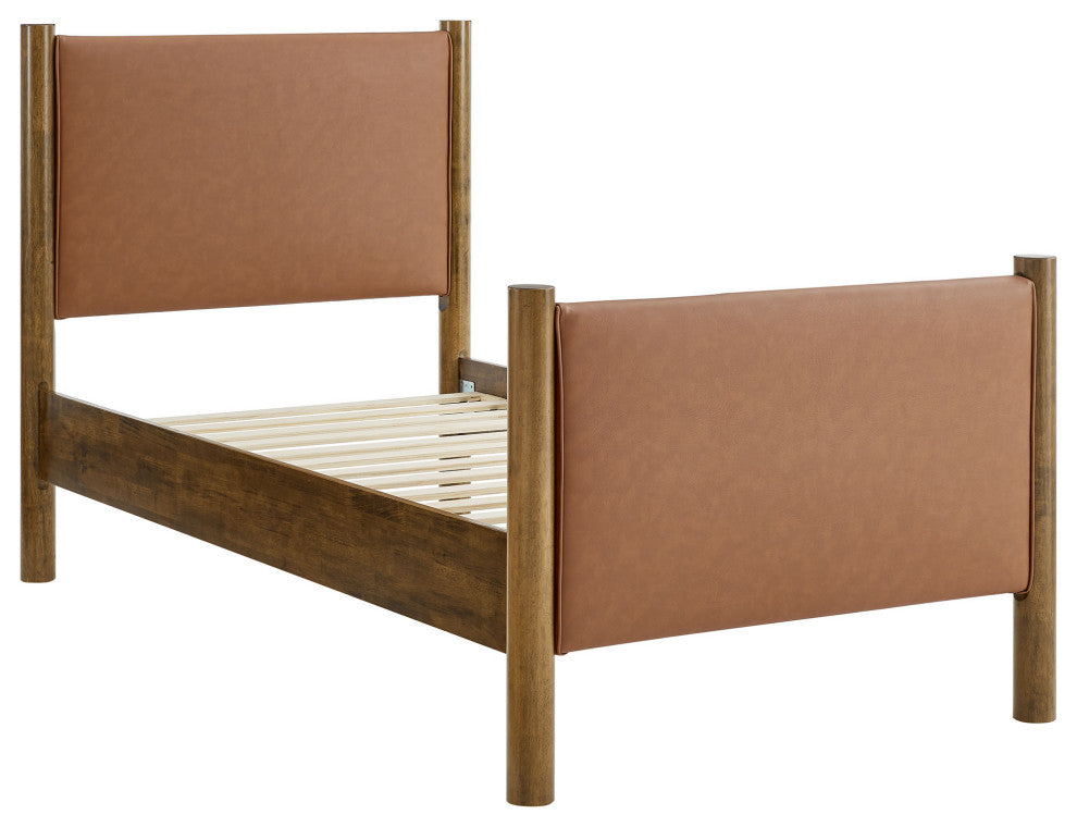 Maven Twin Size Vegan Leather Upholstered Platform Bed, Tan Walnut