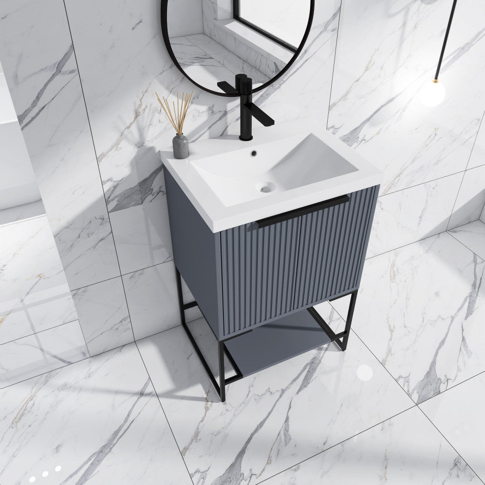 Plywood Freestanding Bathroom Vanity Set with White Ceramic Sink , Rock Grey, 24