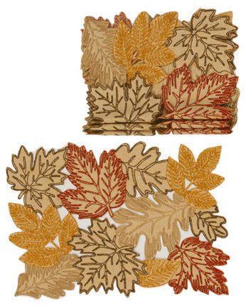 Autumn Leaves Embroidered Cutwork 14 by 20-Inch Placemats, Set of 4, Beige