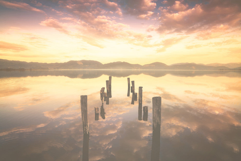 Sunset Pillars and Reflections on Lake Landscape Photo Canvas Wall Art Prints, 12" X 16"