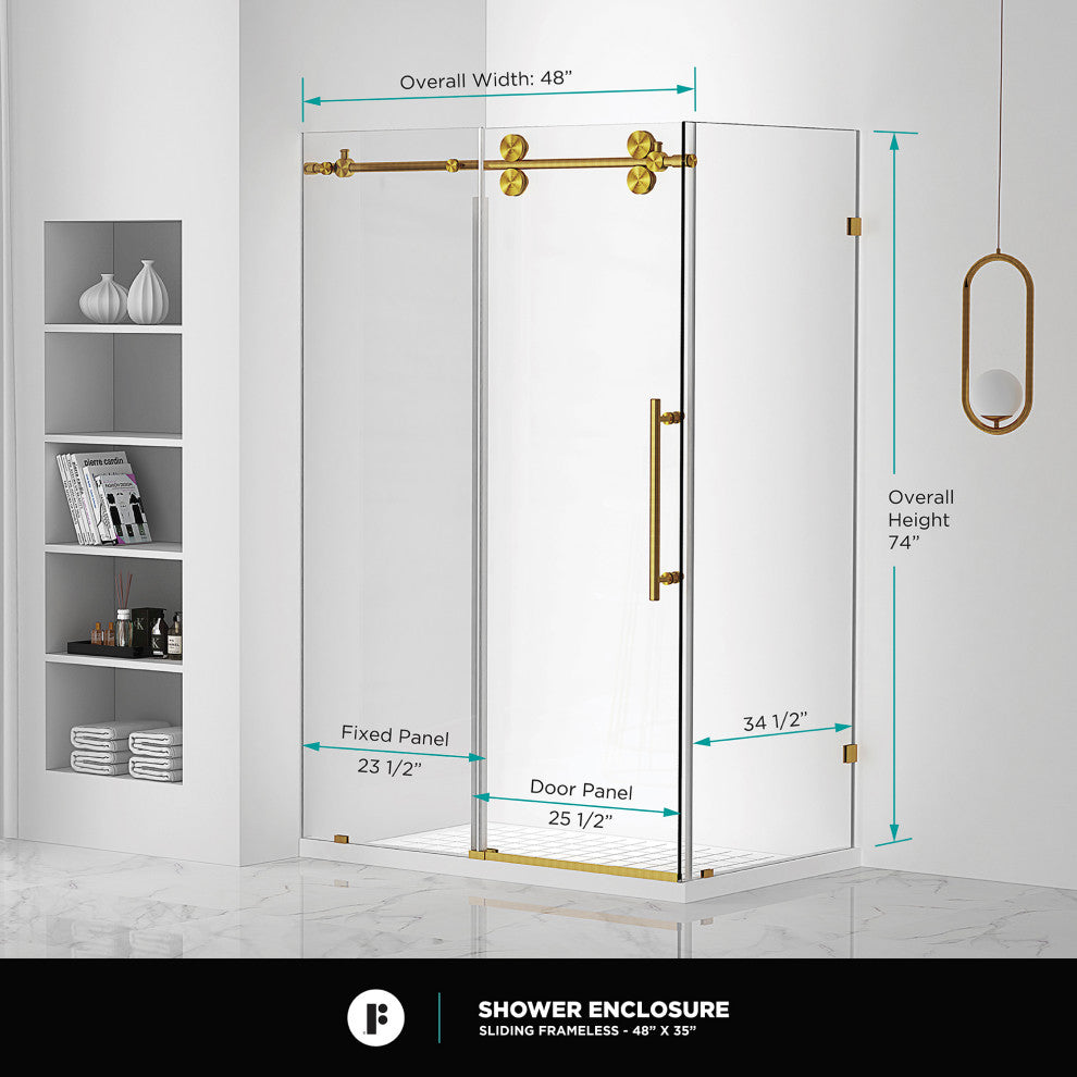 Frameless Shower Enclosure Sliding Shower Glass Door - Tempered Glass, Satin Brass, 48"